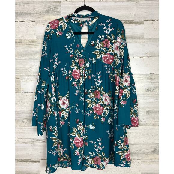 Alter'd State women's medium blue 3/4 bell sleeve lined boho floral mini dress - Picture 1 of 6